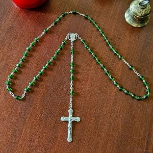 Green Beaded Rosary Catholic Prayer Meditation Men Women Children